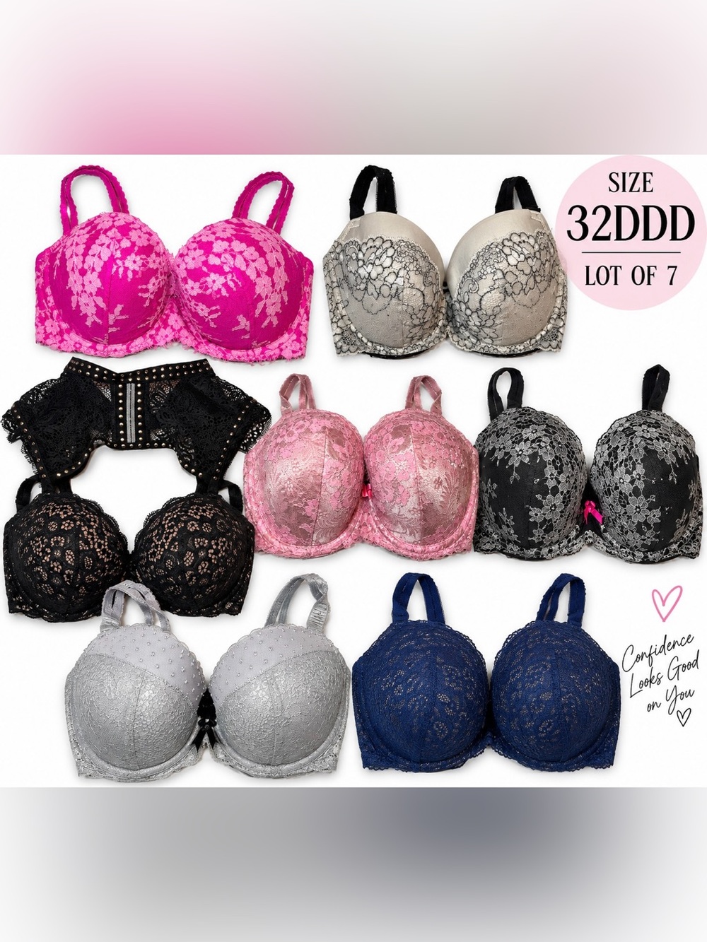 Victoria’s Secret 32DDD Bra Lot 7 Lace Push Up Padded Mixed Styles